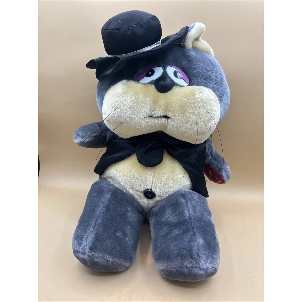 Vintage Gray Cat Plush With Black Bowtie Sad Eyes Purple Eyelids Stuffed Animal